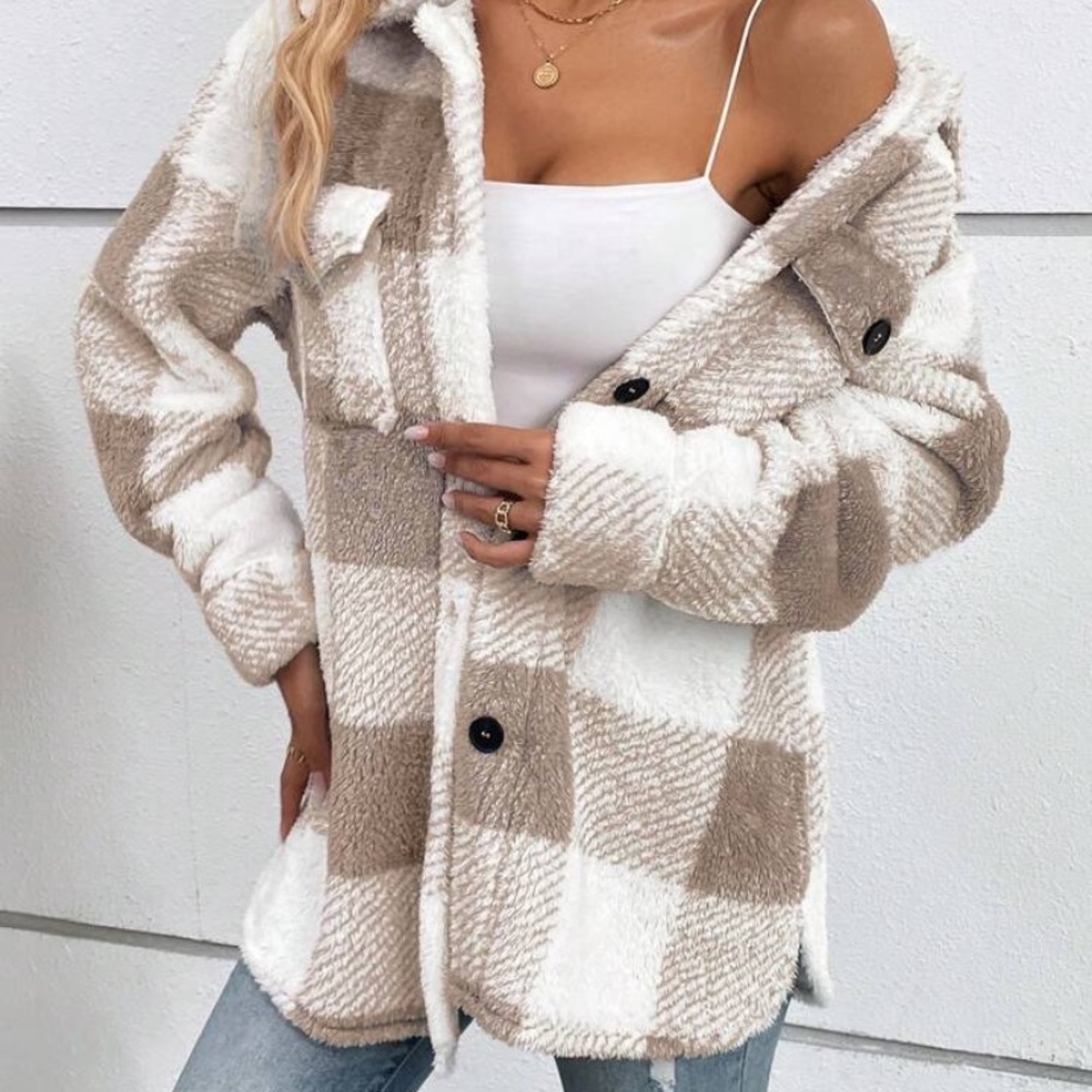 Cozy Buffalo Plaid Pattern Pocket Flannel Teddy Jacket Coat
